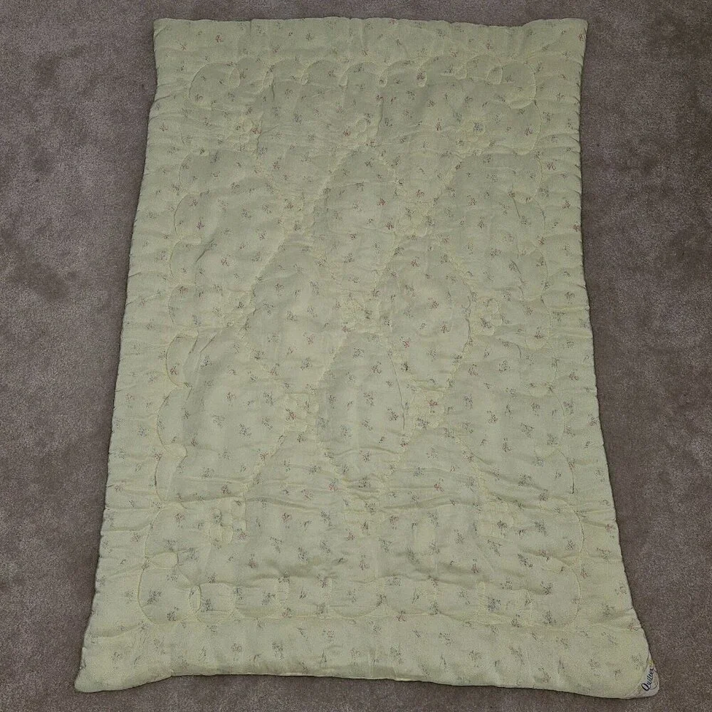 VTG Quiltex Yellow Baby Blanket Comforter Sheep Flowers Pink Green 28x40